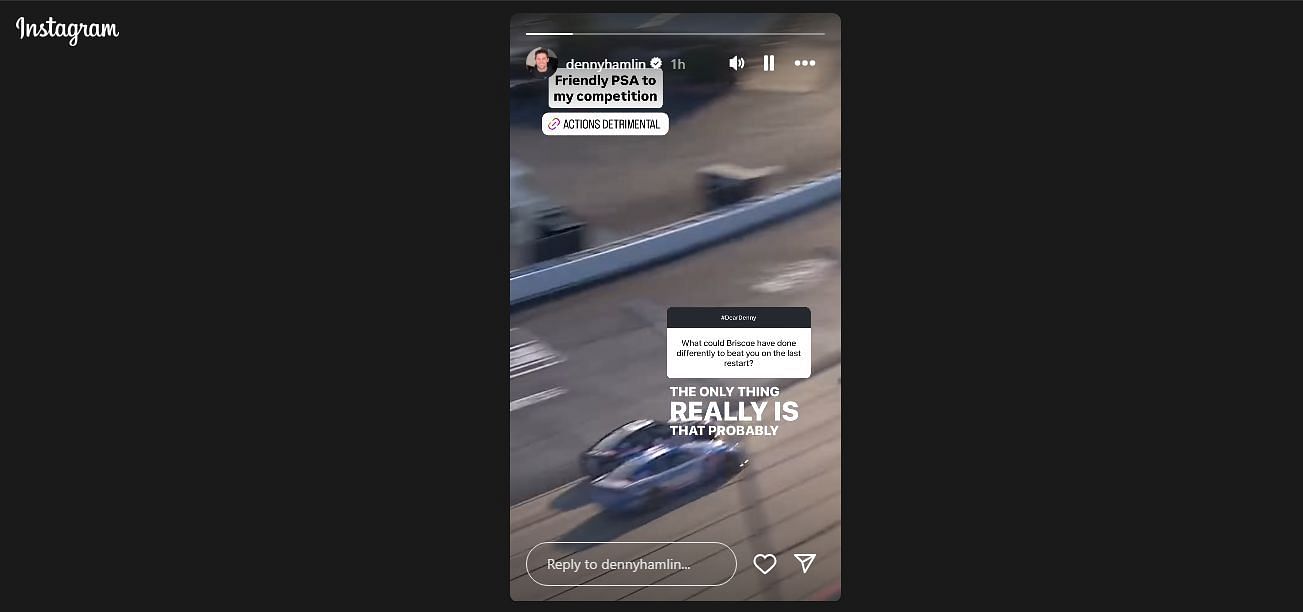 Denny Hamlin's story on July 22. Image: Screenshot via Instagram (@dennyhamlin)
